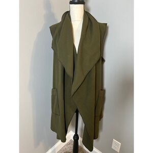 Le Moda‎ Olive Green Fleece Draped Open Front Vest Shawl Collar Pockets LDS-588